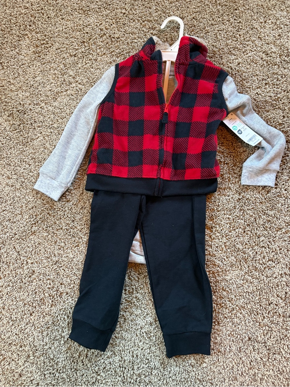 Carter's Red & Black Buffalo Plaid Vest with Black Jogger Pants 24 months